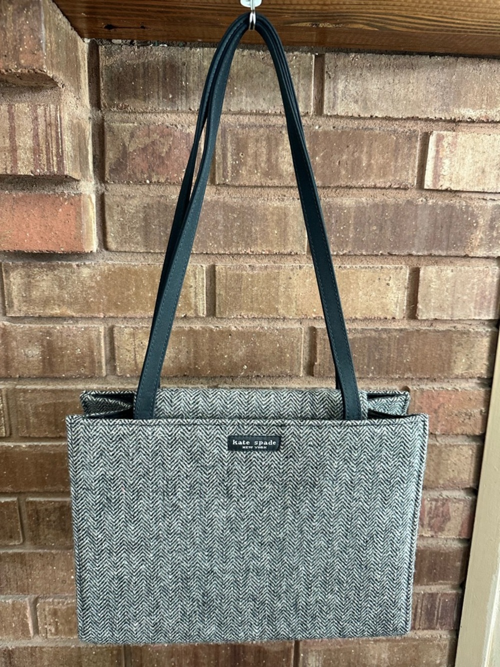 VTG Kate Spade Herringbone Tweed Tote Bag Black White Y2K